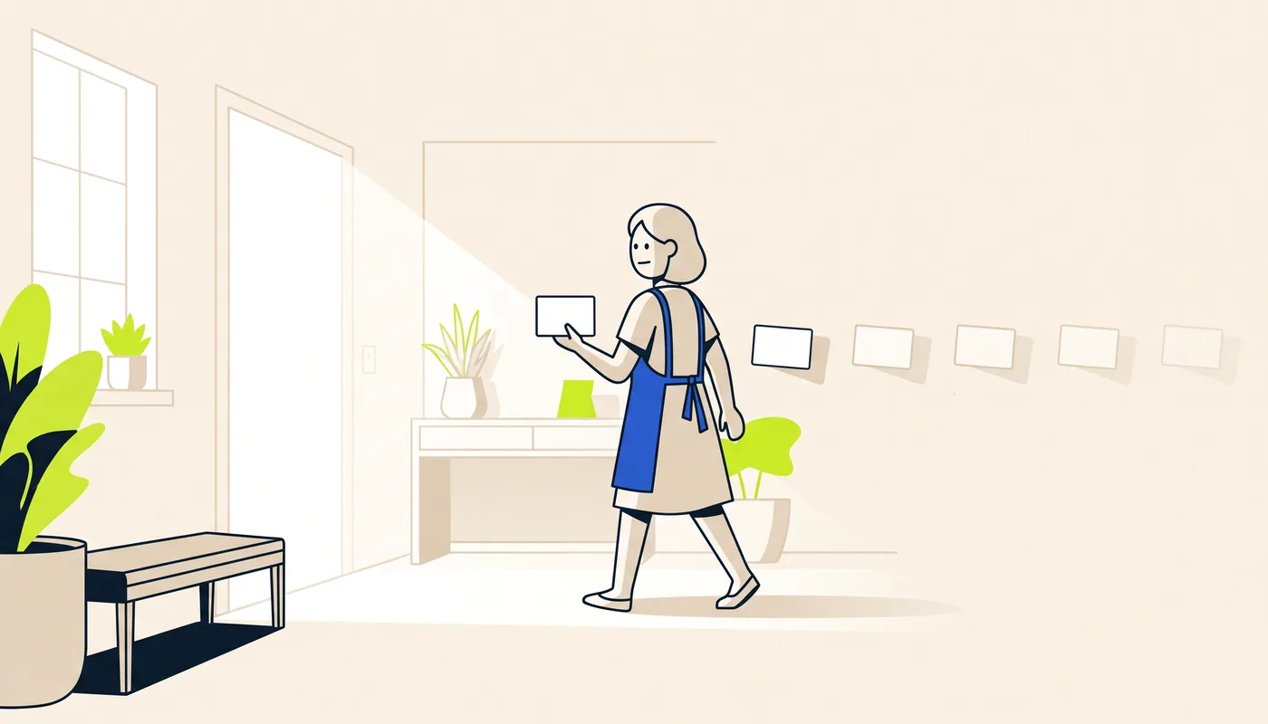 Illustration of a cleaner walking into a bright home holding a simple checklist card, with faint copies of the same card repeating behind them