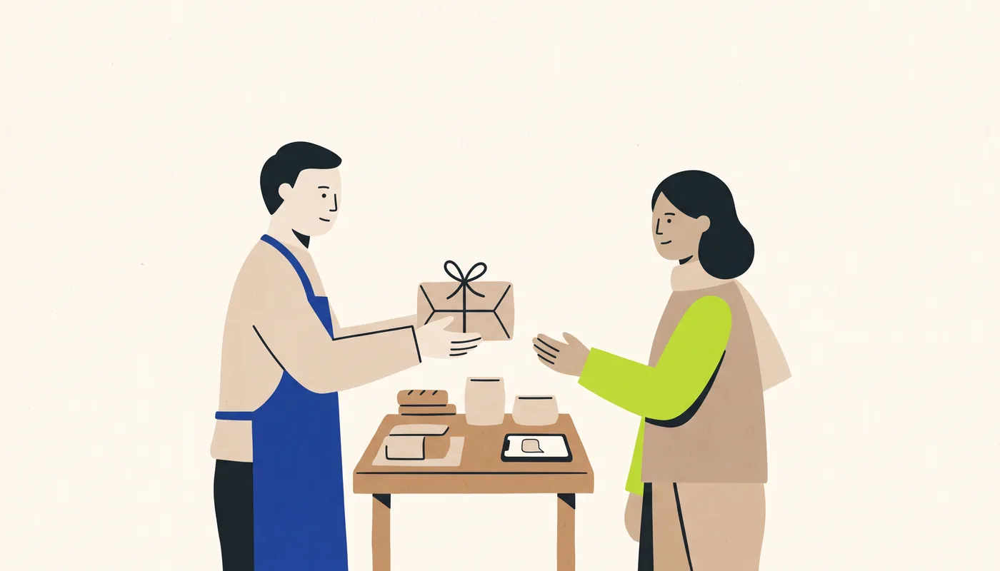 Illustration of a quiet person at a small market stall handing a wrapped parcel to a customer, with a phone on the table showing a speech-bubble icon