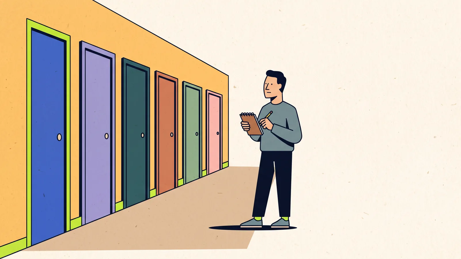 Illustration of six doors in a warm corridor, each a different colour, with a person holding a small notebook standing before them