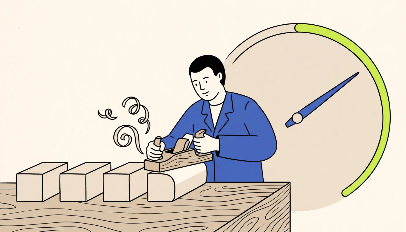Illustration of four blank wooden blocks being rounded off with a hand plane on a workbench, with a smooth unmarked dial behind them