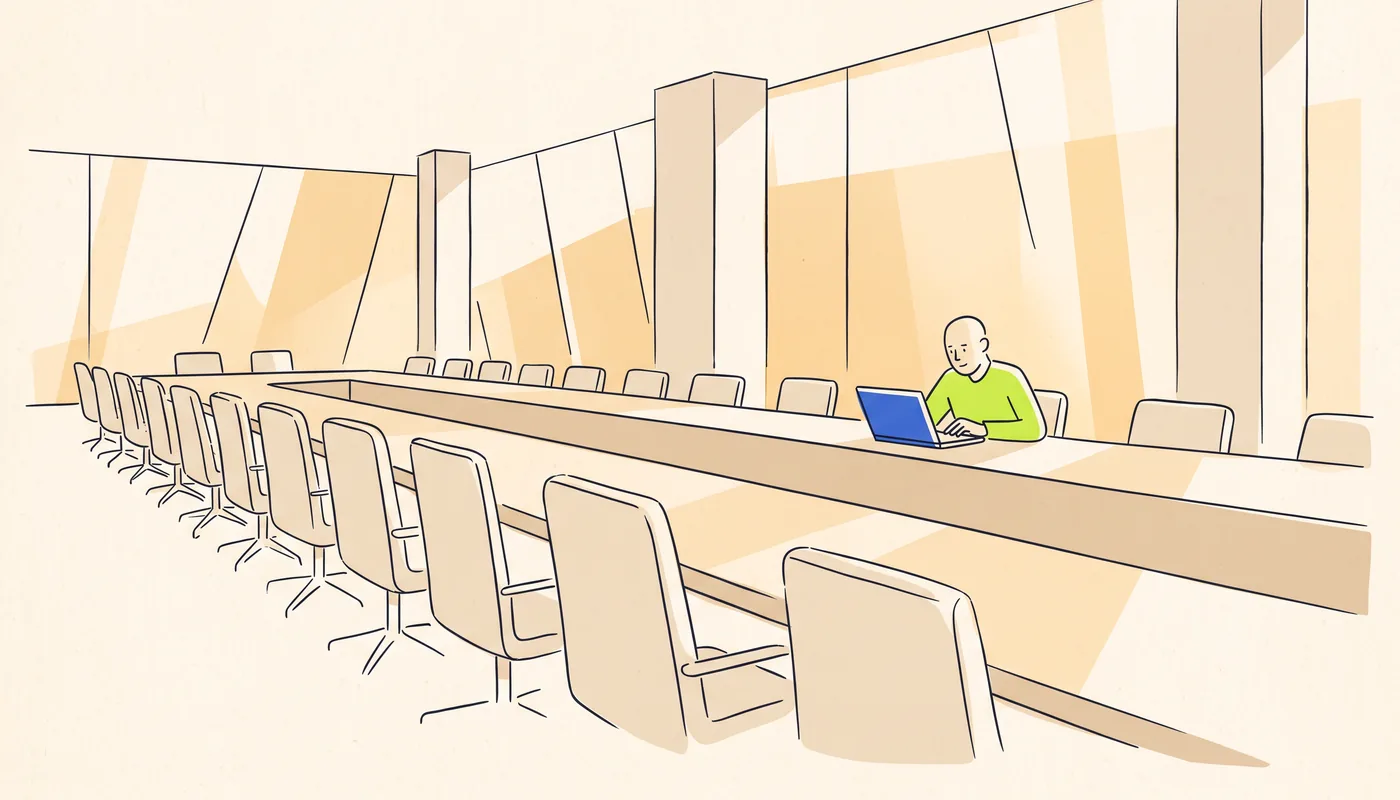 Illustration of a long boardroom table with many empty chairs and a single person working with a laptop at the far end, in warm window light