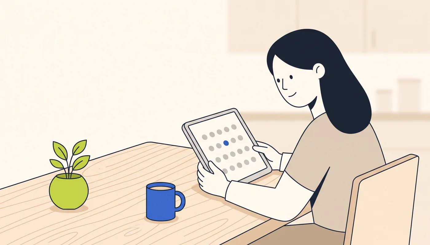 Illustration of a person taking a quiz on a tablet at a kitchen table, the screen showing rows of five plain dots, with a mug of tea and a plant