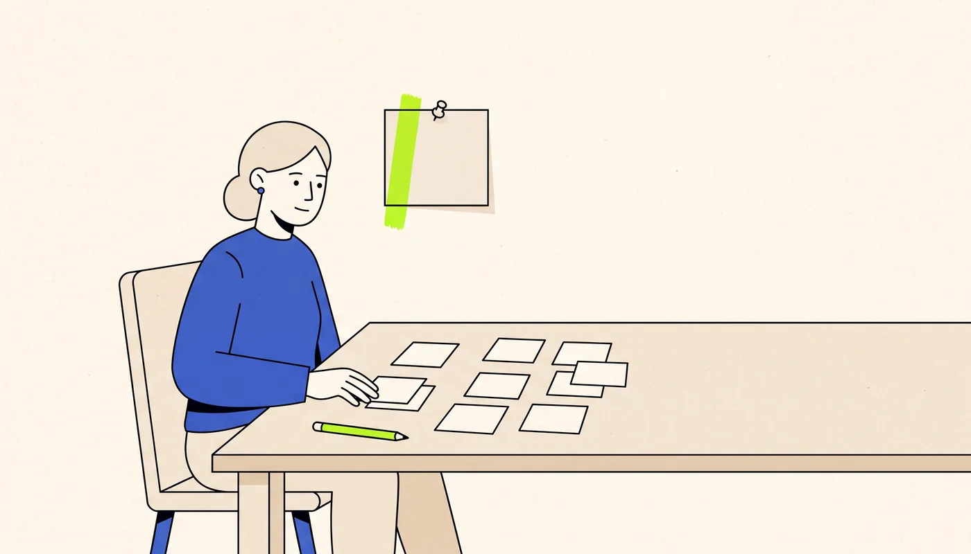 Illustration of a tutor at a table on a quiet morning with the same set of blank decision cards spread out again, and a single note pinned on the wall behind