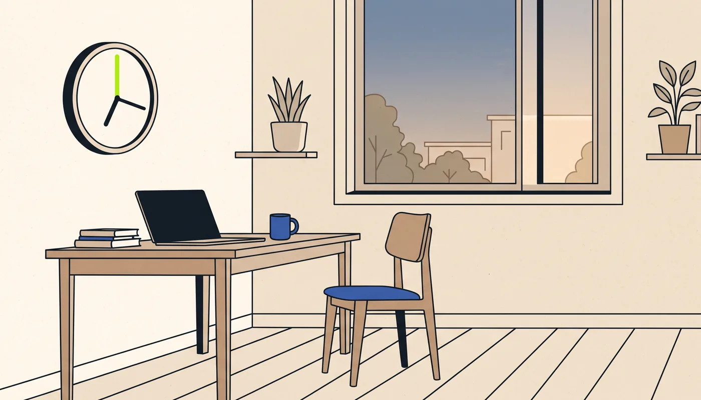 Illustration of a wall clock with one bold lime mark on its face, a closed laptop, a chair pushed back and an evening window, with nobody in the room