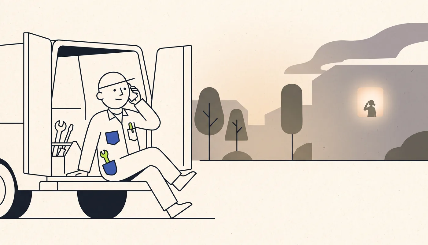 Illustration of a plumber sitting on the step of an open van at dusk, phone to ear, with a small warm glow suggesting the person answering far away