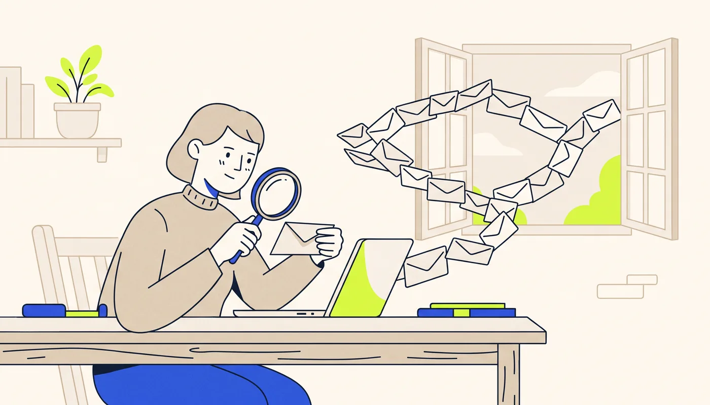 Illustration of a tutor at a kitchen table whose laptop sends a stream of envelopes out of the window, while the tutor checks one envelope with a magnifying glass