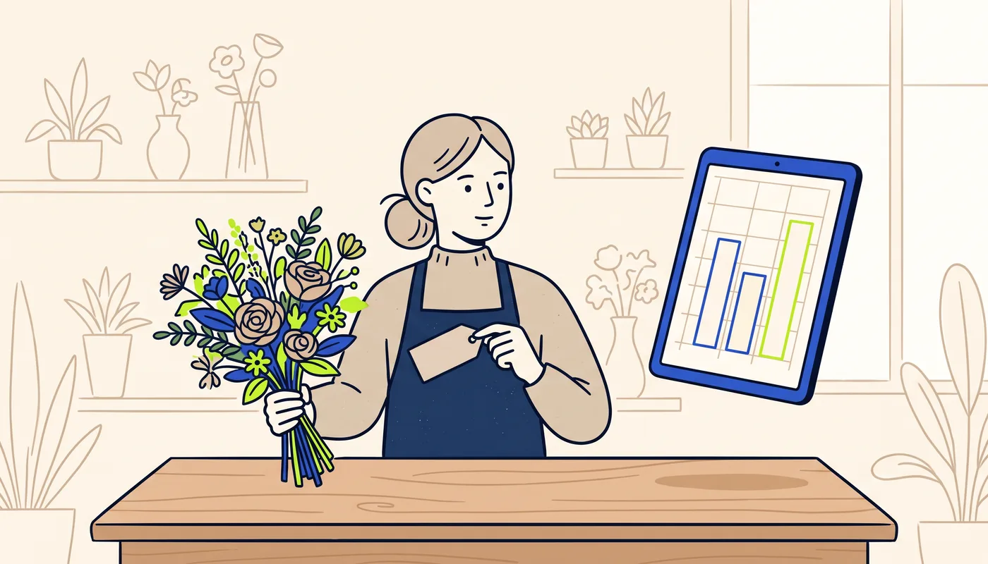 Illustration of a florist holding a bouquet behind a counter, a tablet beside her showing a bar chart, and a blank price tag in her hand