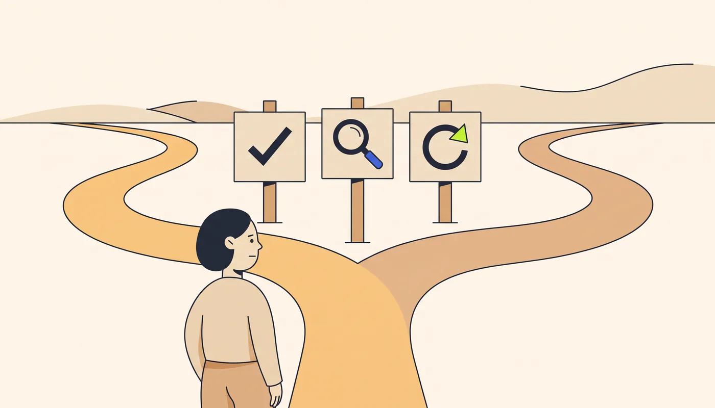 Illustration of a person at a fork in a path with three signposts, each carrying only an icon: a tick, a magnifying glass and a circular repeat arrow