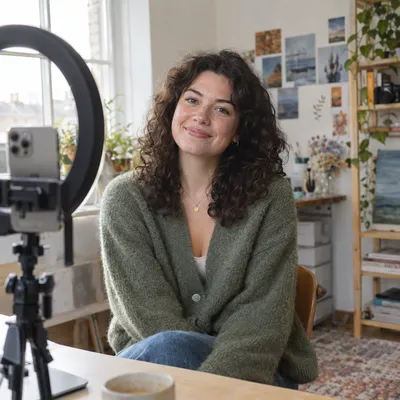 A creator smiling in her home studio